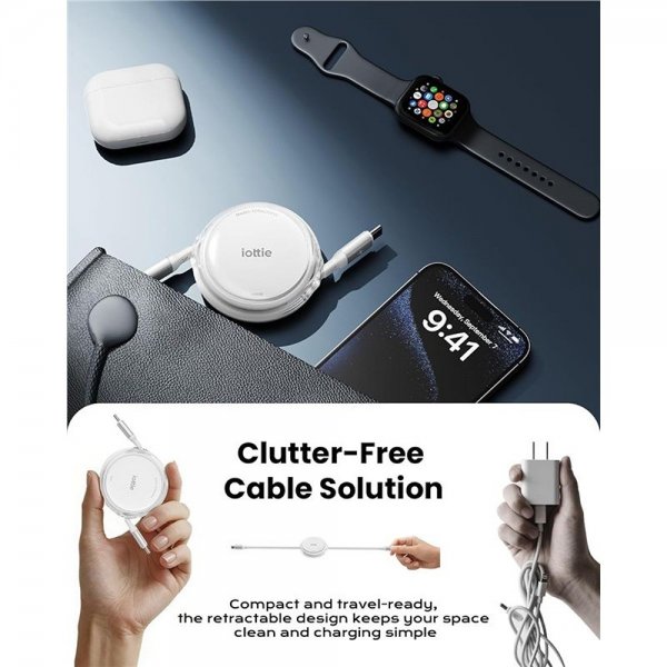 iOttie-kaapeli 100W sisäänvedettävä USB-C, 2 kpl, valkoinen