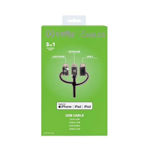 Celly-kaapeli 3in1 Micro-USB/USB-C/Lightning 1m musta