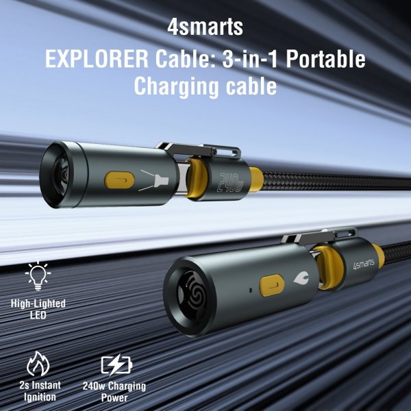 4smarts Kaapeli 3in1 USB-C Setti Explorer 240W 1.5m Musta