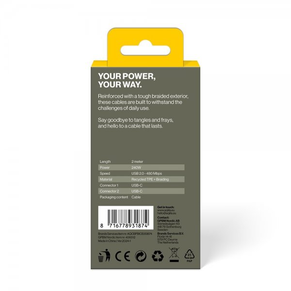 Aqiila Kabel Cablebird CB12 USB-C–USB-C 240 W 2 m Musta