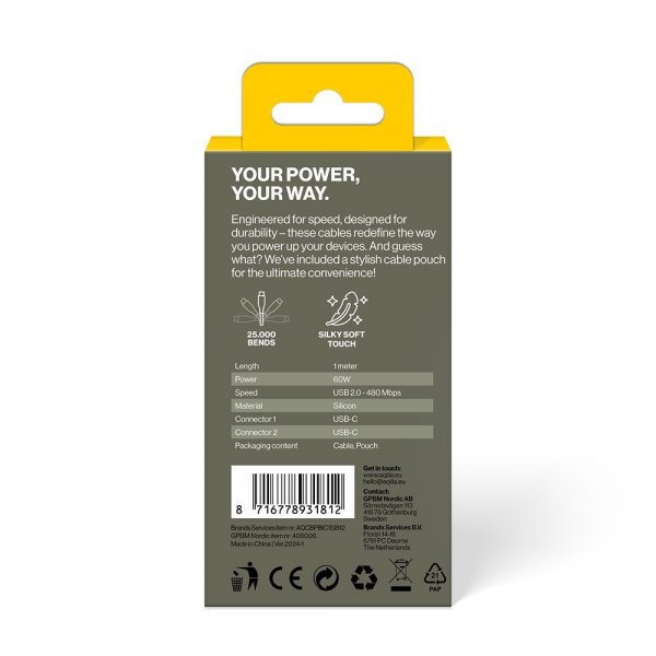 Aqiila Kabel Cablebird CS11 USB-C–USB-C 60 W 1 m, valkoinen