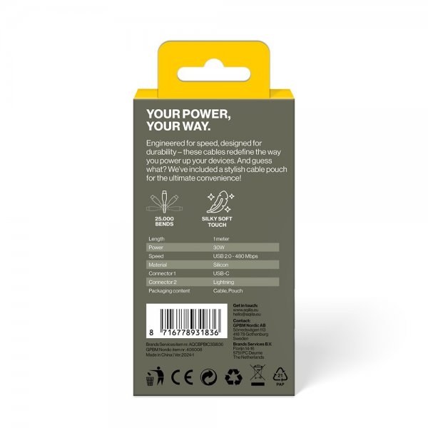 Aqiila Kabel Cablebird CS21 USB-C–Lightning 60W 1m, valkoinen