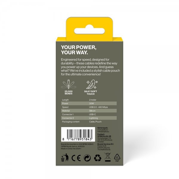 Aqiila Kabel Cablebird CS22 USB-C–Lightning 60W 2m valkoinen