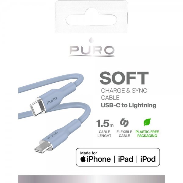Puro Kaapeli Soft Charge & Sync -kaapeli USB-C/Lightning 1,5 m Vaaleansininen