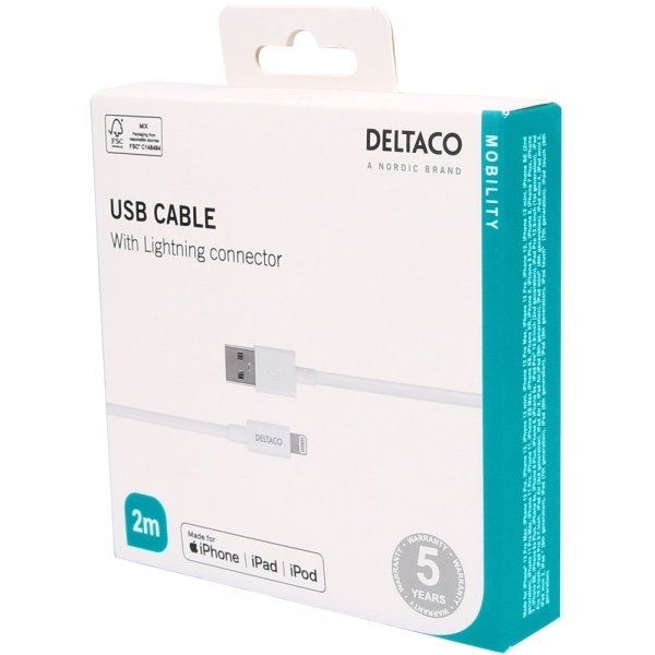 Deltaco-kaapeli USB-A-kaapeli Lightning-liittimellä 2 m, valkoinen