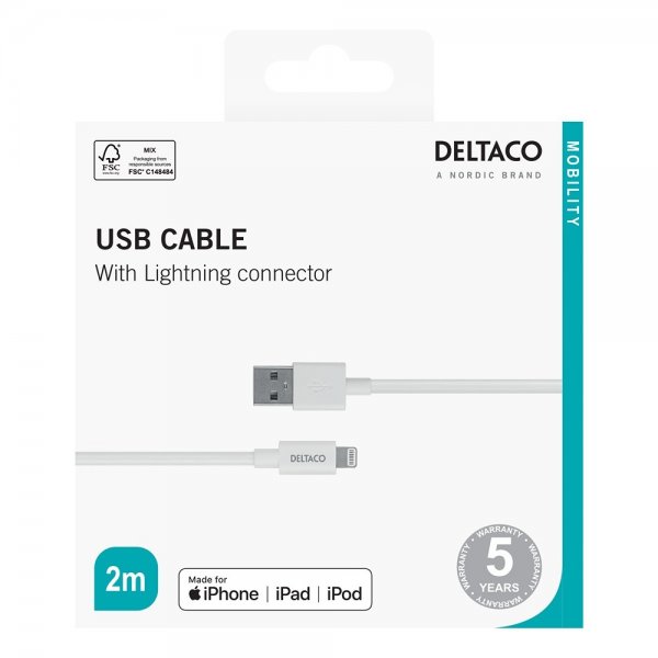 Deltaco-kaapeli USB-A-kaapeli Lightning-liittimellä 2 m, valkoinen
