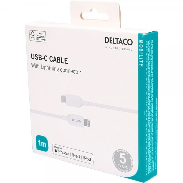 Deltaco-kaapeli USB-C–Lightning-kaapeli 1m Valkoinen