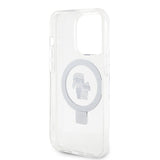 Karl Lagerfeld iPhone 15 -kuori jalustalla MagSafe valkoinen