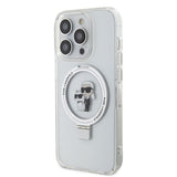 Karl Lagerfeld iPhone 15 -kuori jalustalla MagSafe valkoinen