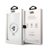 Karl Lagerfeld iPhone 15 -kuori jalustalla MagSafe valkoinen