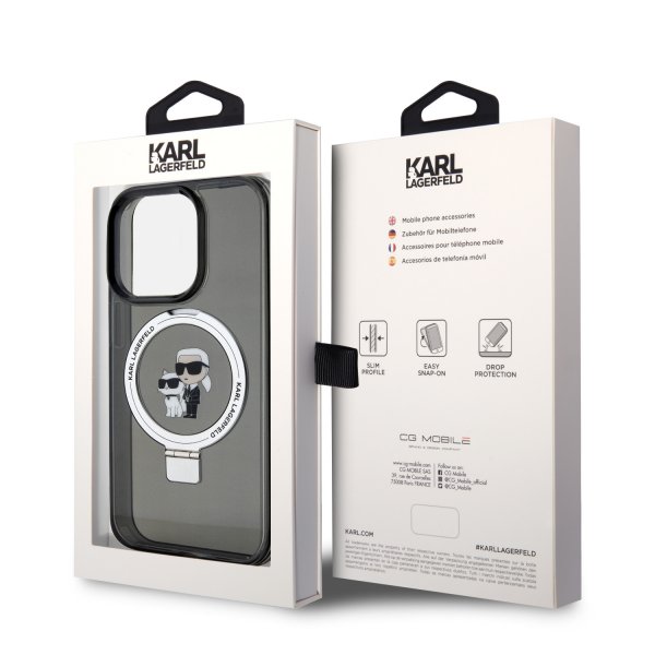 Karl Lagerfeld iPhone 15 -suojakuori sormipidikkeellä ja MagSafella, musta