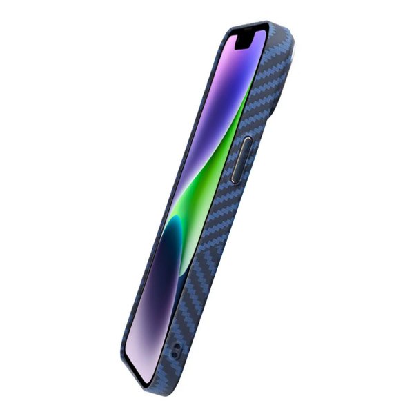 iPhone 14 Plus -kuori, hiilikuitukuviointi, sininenharmaa