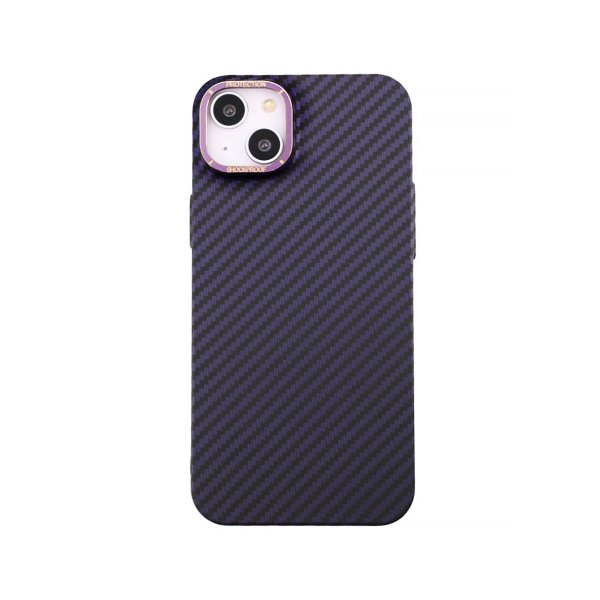 iPhone 14 Plus -kuori hiilikuitukuvioinnilla, violetti