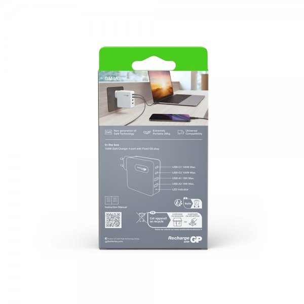 GP-laturi 100W GaN 2xUSB-C + 2xUSB-A