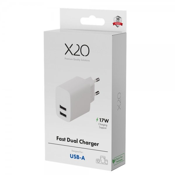 X2O Laturi 17W Kaksi USB-A/USB-A Valkoinen