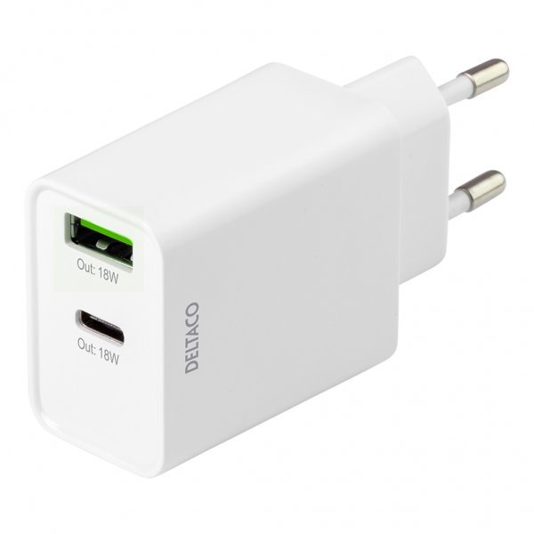 Deltaco Laturi 18W USB-C PD & USB-A Valkoinen