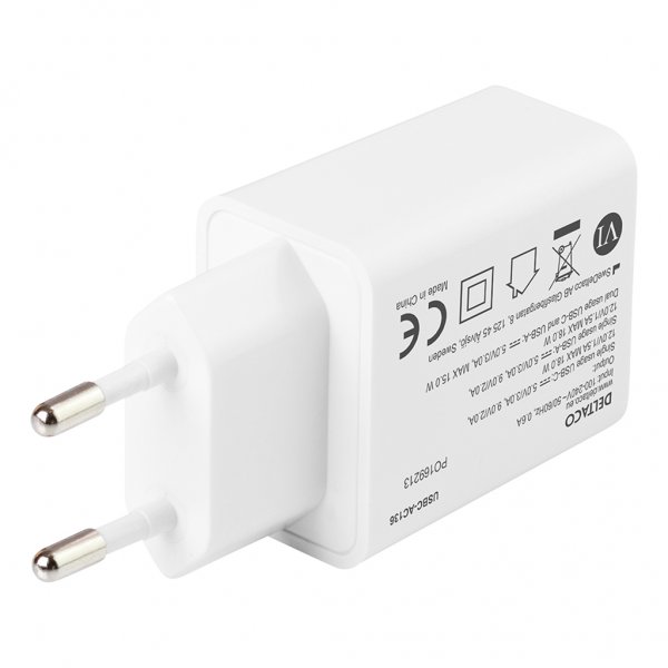 Deltaco Laturi 18W USB-C PD & USB-A Valkoinen