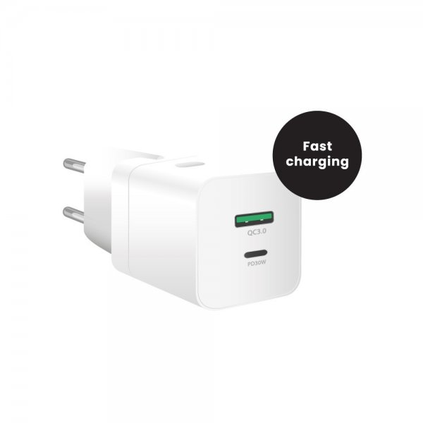 MobileFriend laturi 2 porttia USB-A & USB-C 30W Valkoinen