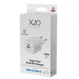 X2O Laturi 20W Kaksois-USB-C/USB-A GaN Valkoinen