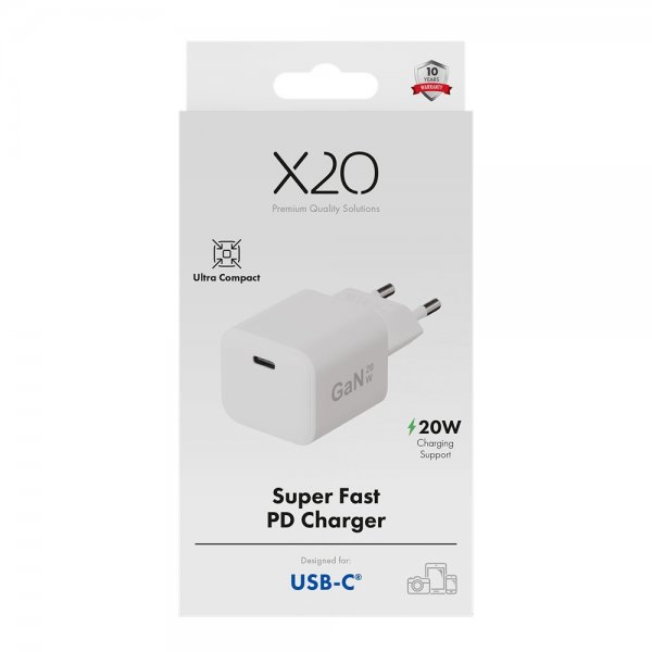 X2O-laturi 20W USB-C GaN Valkoinen