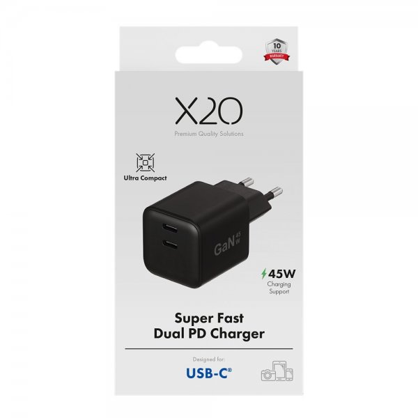 X2O-laturi 45W Kaksi USB-C/USB-C GaN Musta