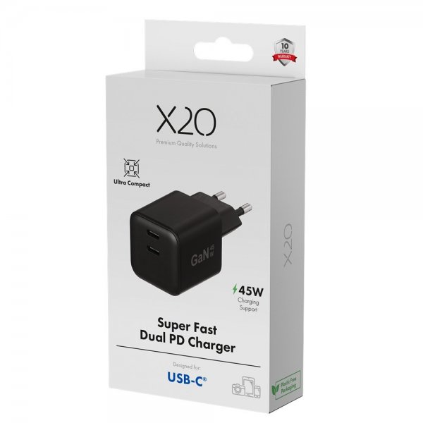 X2O-laturi 45W Kaksi USB-C/USB-C GaN Musta