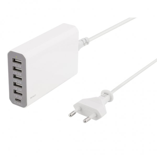Deltaco Laturi 60W USB-C & 5xUSB-A Valkoinen