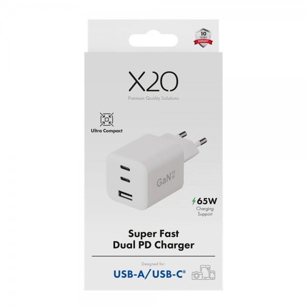 X2O-laturi 65W kolmois-USB-C/USB-A GaN valkoinen