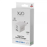 X2O-laturi 65W kolmois-USB-C/USB-A GaN valkoinen