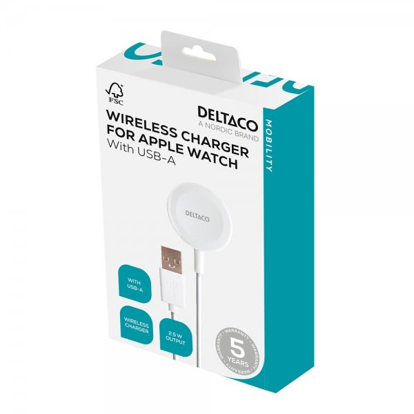 Deltaco Laturi Apple Watch -kellolle USB-A 1m Valkoinen