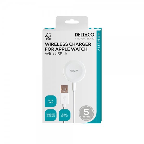 Deltaco Laturi Apple Watch -kellolle USB-A 1m Valkoinen