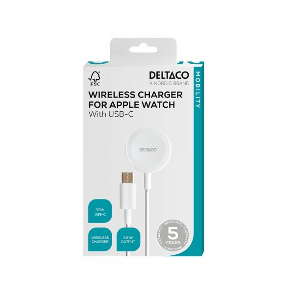 Deltaco-laturi Apple Watchille, USB-C, 1 m, valkoinen