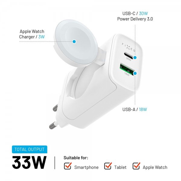 Fixed GaN-laturi 33W Apple Watch/USB-C/USB-A