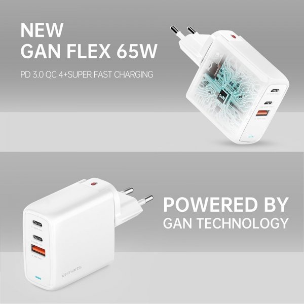 4smarts GaN Flex -laturi 65 W 2 USB-C+1 USB-A
