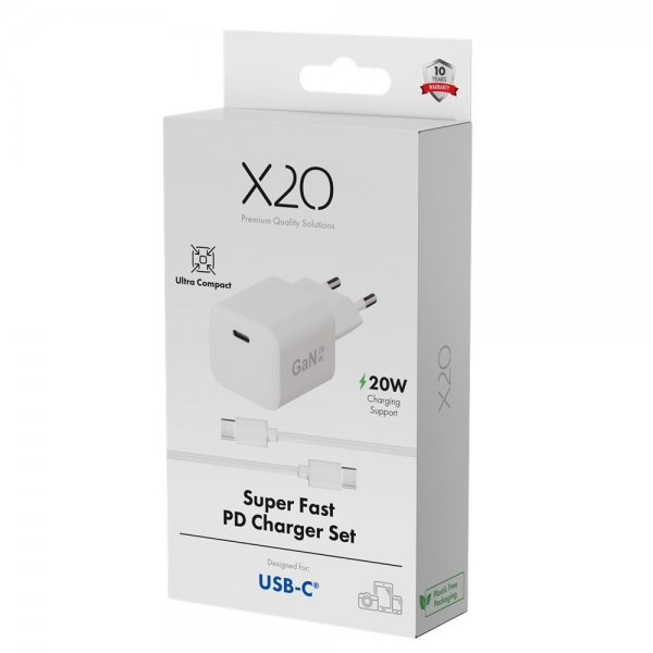 X2O-laturi kaapelilla 1.2m 20W USB-C GaN Valkoinen