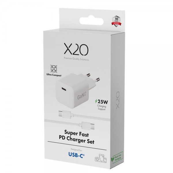 X2O-laturi kaapelilla 1,2 m 25 W USB-C GaN valkoinen