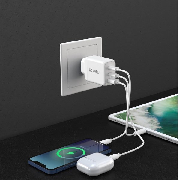 Celly-laturi TC3GAN65W 2xUSB-C/USB-A GaN 65W, valkoinen