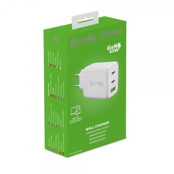 Celly-laturi TC3GAN65W 2xUSB-C/USB-A GaN 65W, valkoinen