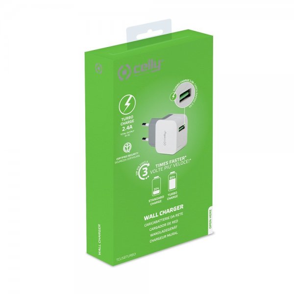 Celly-laturi TCUSBTURBO USB-A 12W, valkoinen