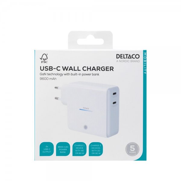 Deltaco Seinälaturi sisäänrakennetulla Powerbankilla USB-C GaN 60W 9600 mAh