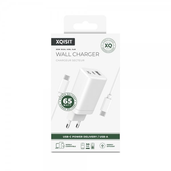 Xqisit-seinälaturi 65W GaN USB-C PD/USB-A