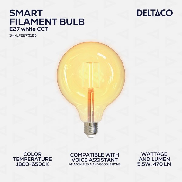 Deltaco Smart Home LED-lamppu Filament E27 WiFi G125 5.5W