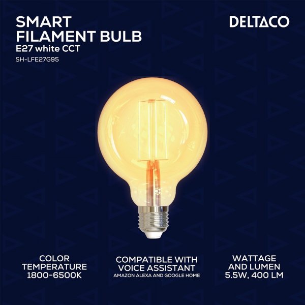 Deltaco Smart Home LED-lamppu Filamentti E27 WiFi G95 5.5W