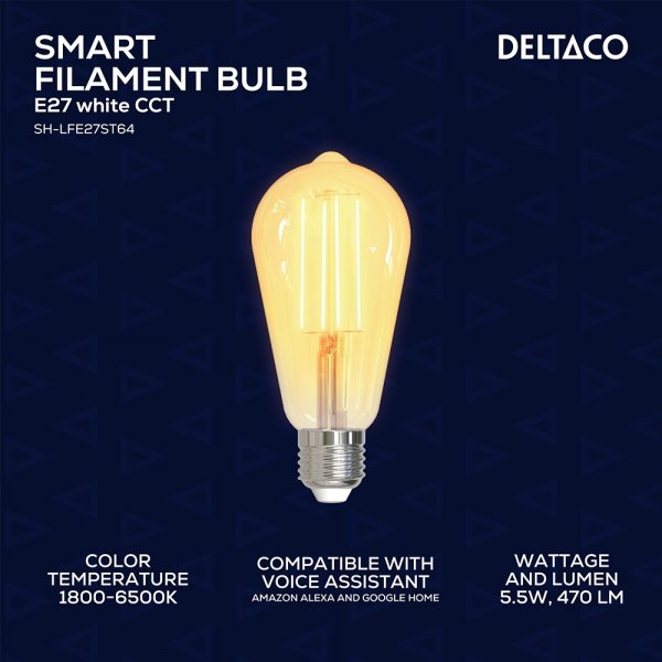 Deltaco Smart Home LED-lamppu Filament E27 WiFi ST64 5.5W