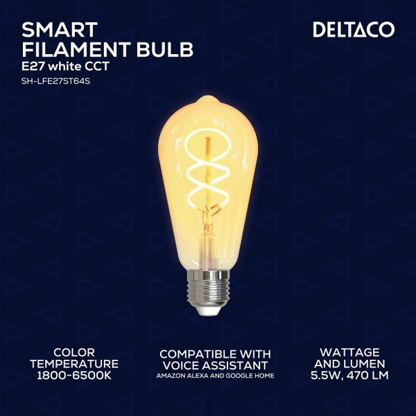 Deltaco Smart Home LED-lamppu Filament E27 WiFi ST64 Spiraali 5.5W