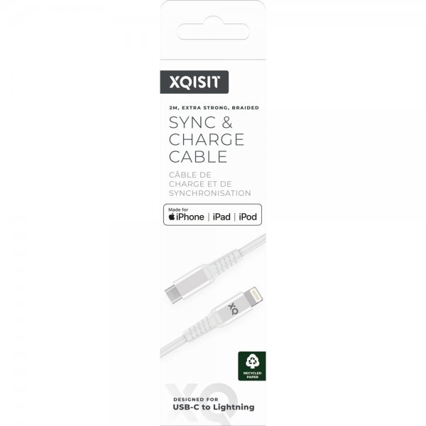 Xqisit Lightning–USB-C-kaapeli, punottu, erikoisvahva, 2 m, valkoinen