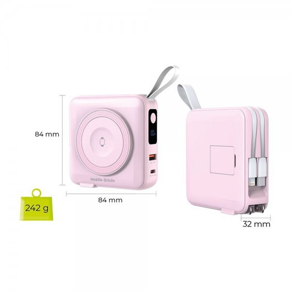 Mobile Origin MagSafe-varavirtalähde/matkalaturi, sisäänrakennetut kaapelit/Apple Watch -lataus, pinkki