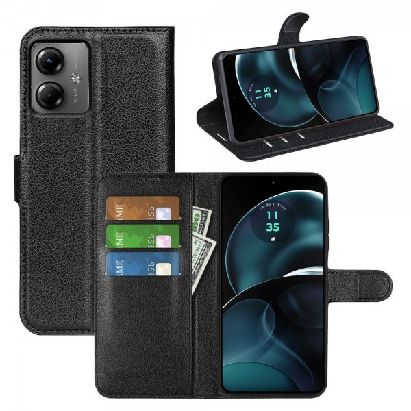 Motorola Moto G14 Litchi-kuvioinen suojakuori, musta
