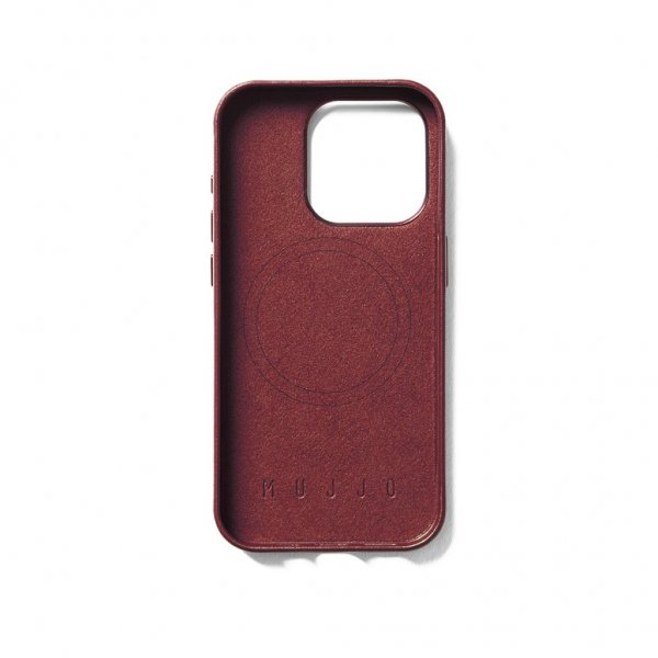 Mujjo iPhone 15 Pro -suojakuori, täysnahkainen lompakkokotelo MagSafella, burgundinpunainen