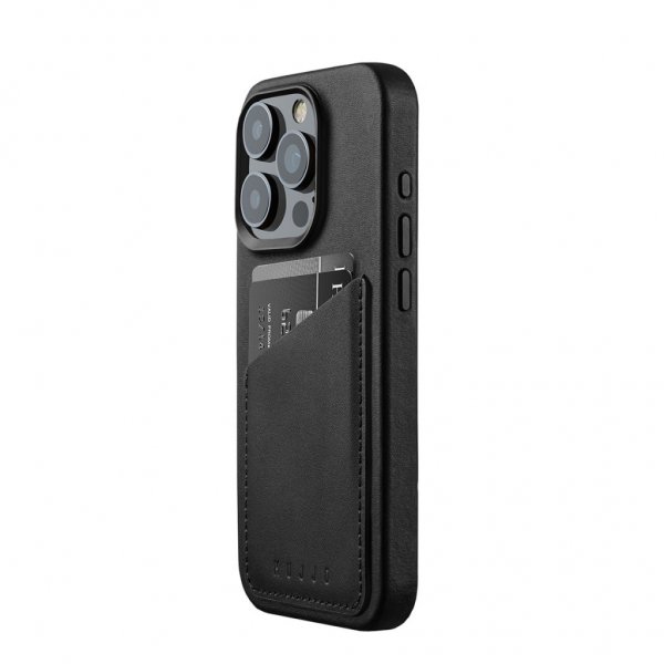 Mujjo iPhone 15 Pro Kuori Täysin nahkainen lompakkokotelo MagSafe Musta